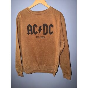 AC/DC Graphic Sweatshirt Mens Medium Brown Acid Wash Est 1973 Band Pullover